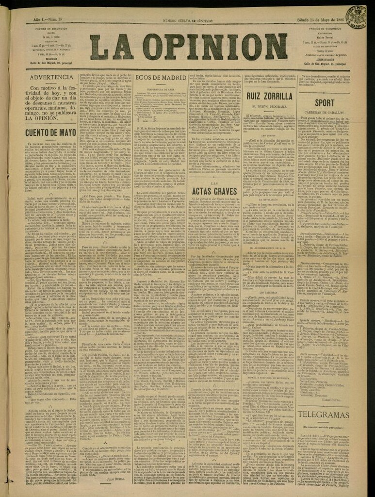Miniatura de La Opinión del 15 de mayo de 1886, nº 15