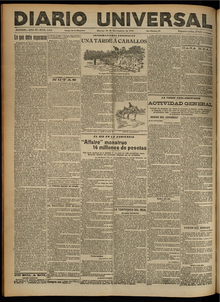Miniatura de Diario Universal del 20 de noviembre de 1906, edición de noche