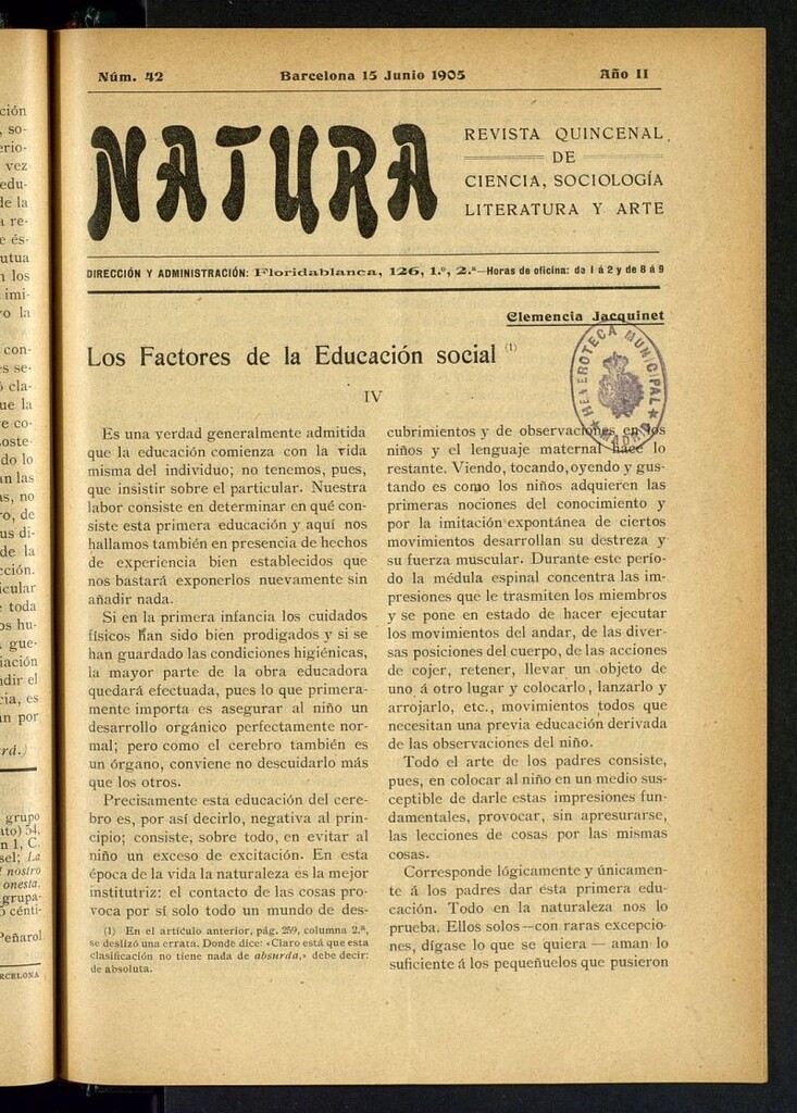 Miniatura de Natura : revista quincenal de ciencia, sociología, literatura y arte del 15 de junio de 1905