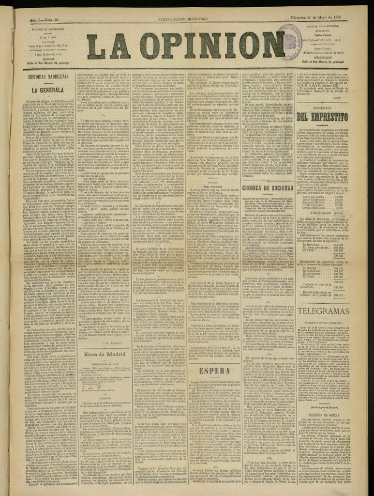 Miniatura de La Opinión del 26 de mayo de 1886, nº 25