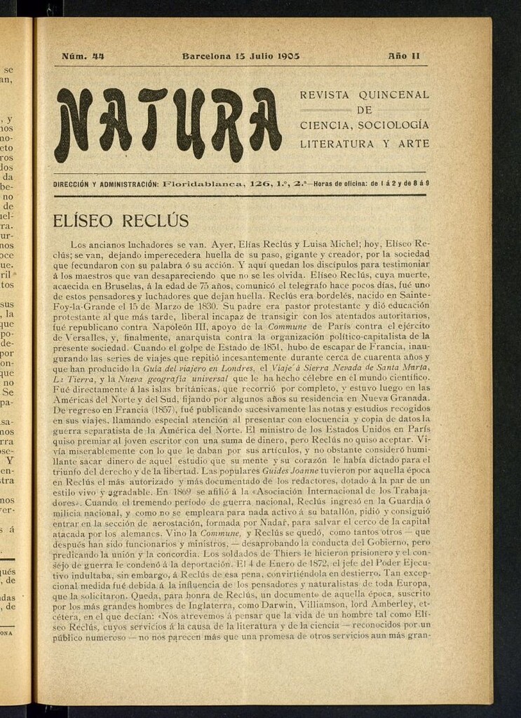 Miniatura de Natura : revista quincenal de ciencia, sociología, literatura y arte del 15 de julio de 1905
