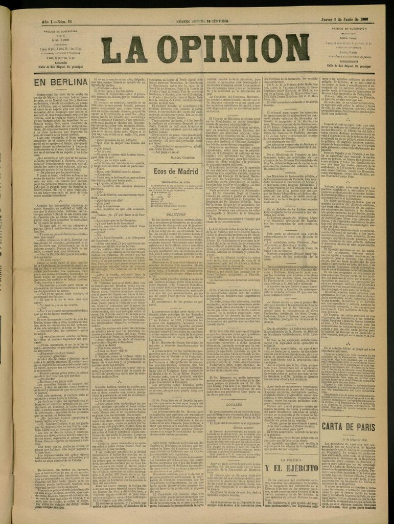 Miniatura de La Opinión del 3 de junio de 1886, nº 33