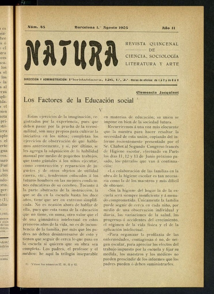 Miniatura de Natura : revista quincenal de ciencia, sociología, literatura y arte del 1 de agosto de 1905