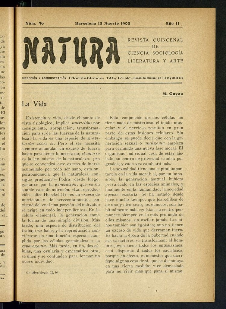 Miniatura de Natura : revista quincenal de ciencia, sociología, literatura y arte del 15 de agosto de 1905
