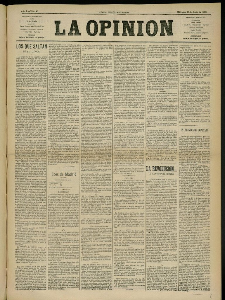 Miniatura de La Opinión del 16 de junio de 1886, nº 46