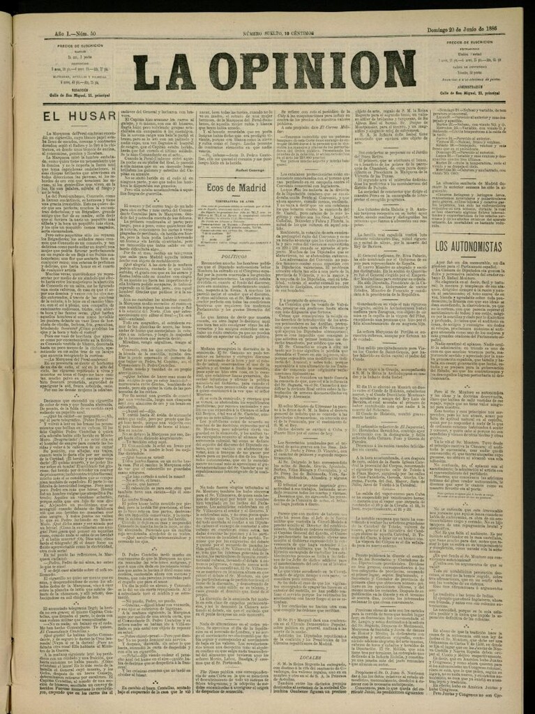 Miniatura de La Opinión del 20 de junio de 1886, nº 50