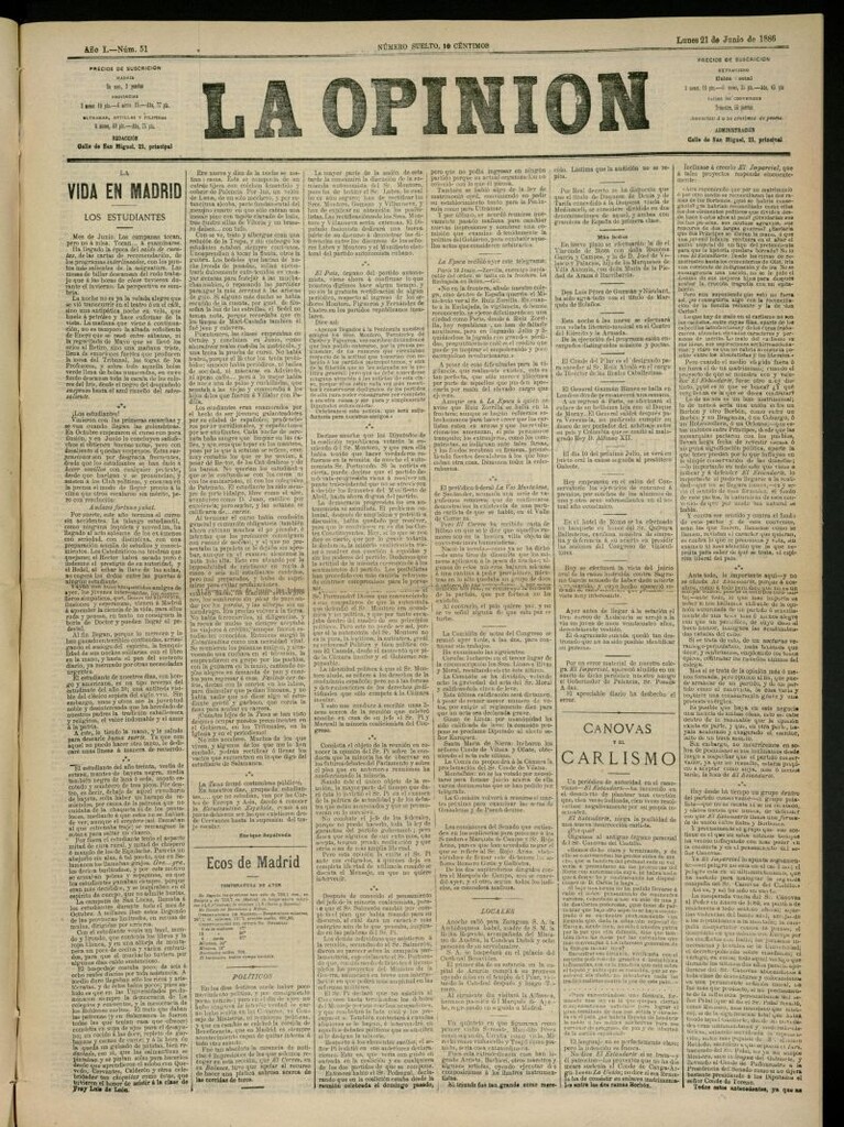 Miniatura de La Opinión del 21 de junio de 1886, nº 51
