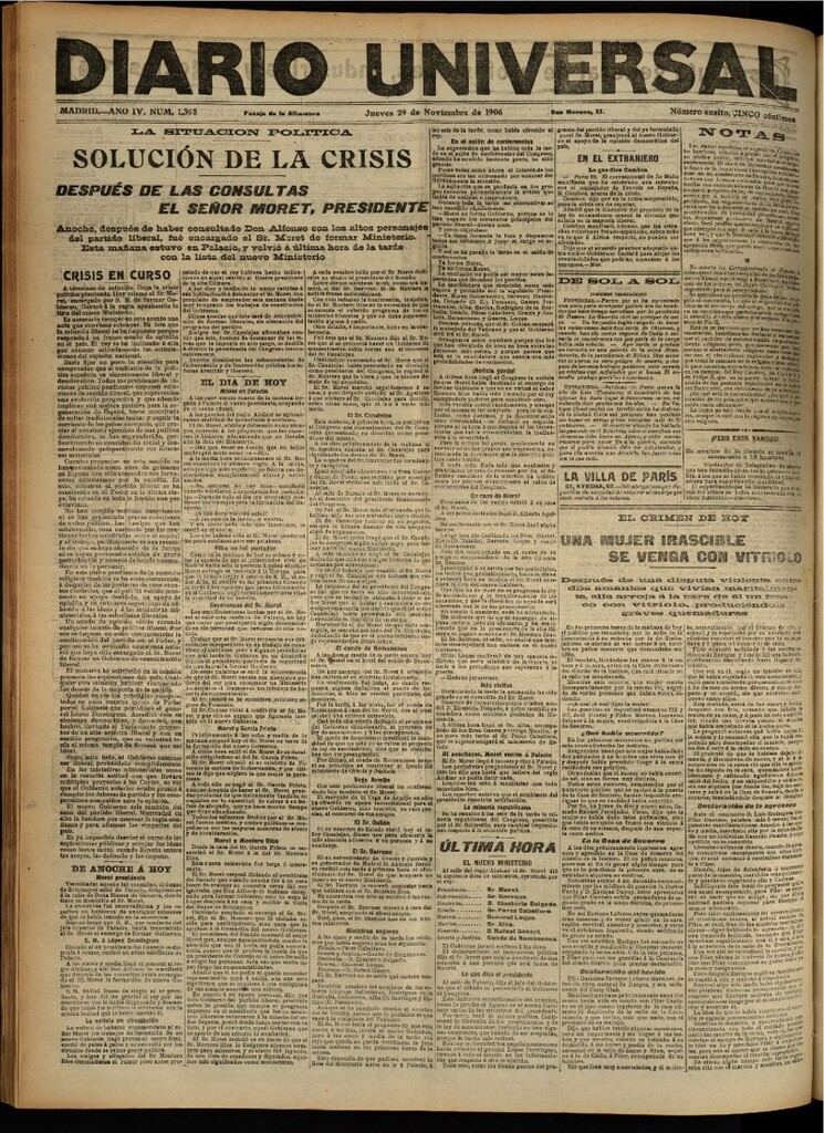 Miniatura de Diario Universal del 29 de noviembre de 1906, edición de noche