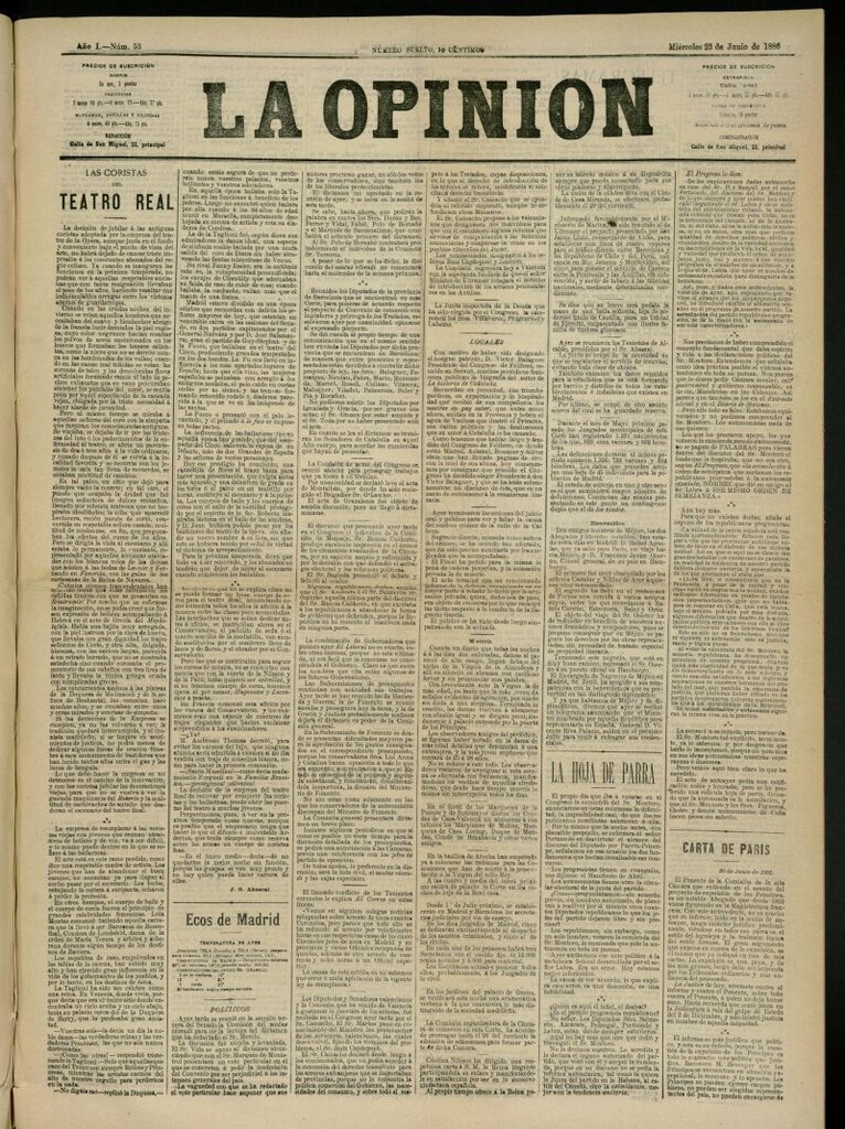 Miniatura de La Opinión del 23 de junio de 1886, nº 53