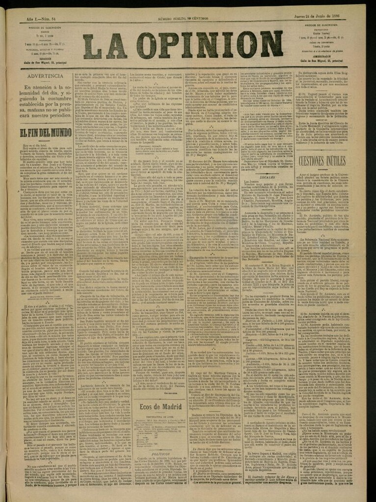 Miniatura de La Opinión del 24 de junio de 1886, nº 54