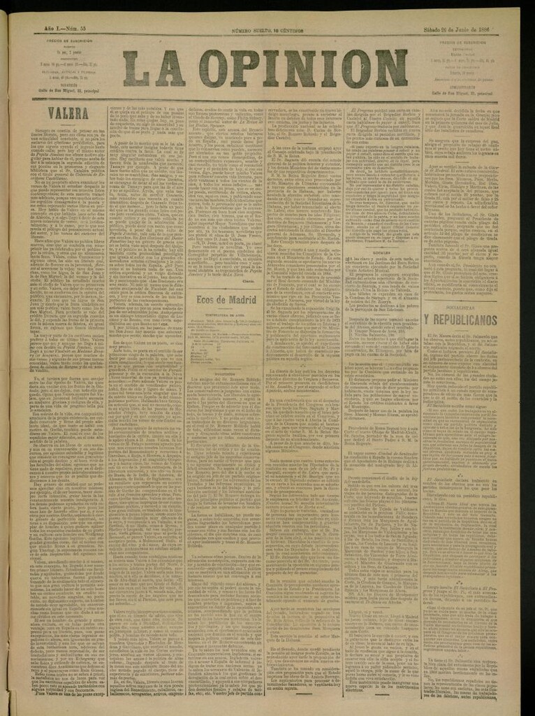 Miniatura de La Opinión del 26 de junio de 1886, nº 55