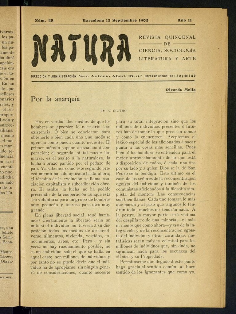 Miniatura de Natura : revista quincenal de ciencia, sociología, literatura y arte del 15 de septiembre de 1905