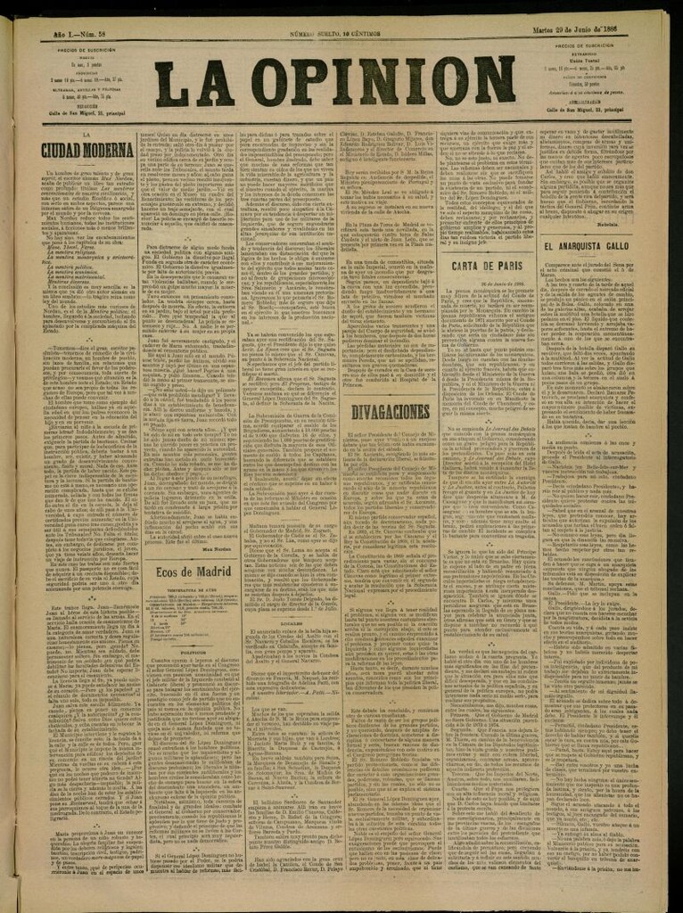 Miniatura de La Opinión del 29 de junio de 1886, nº 58