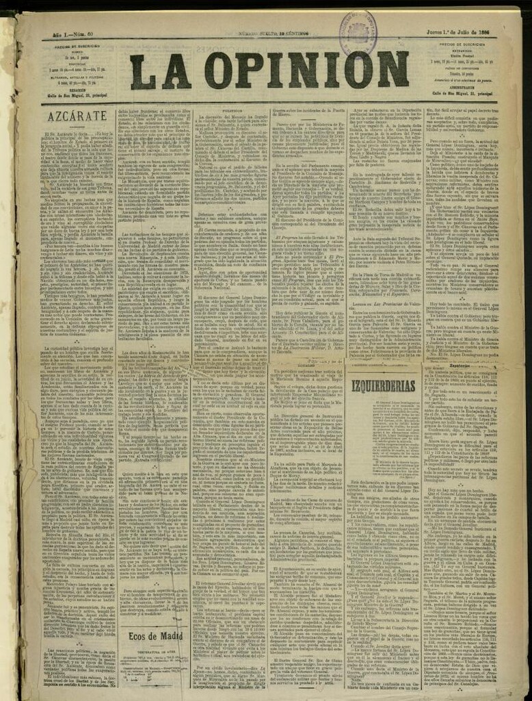 Miniatura de La Opinión del 1 de Julio de 1886, nº 60