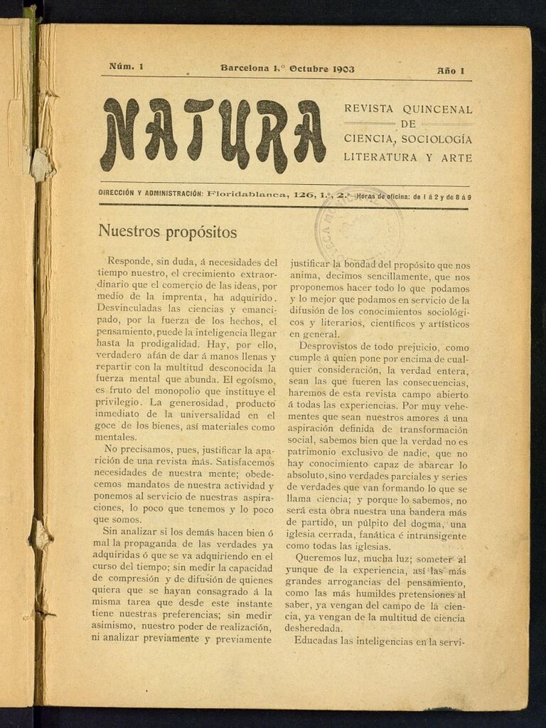Miniatura de Natura : revista quincenal de ciencia, sociología, literatura y arte del 1 de octubre de 1903