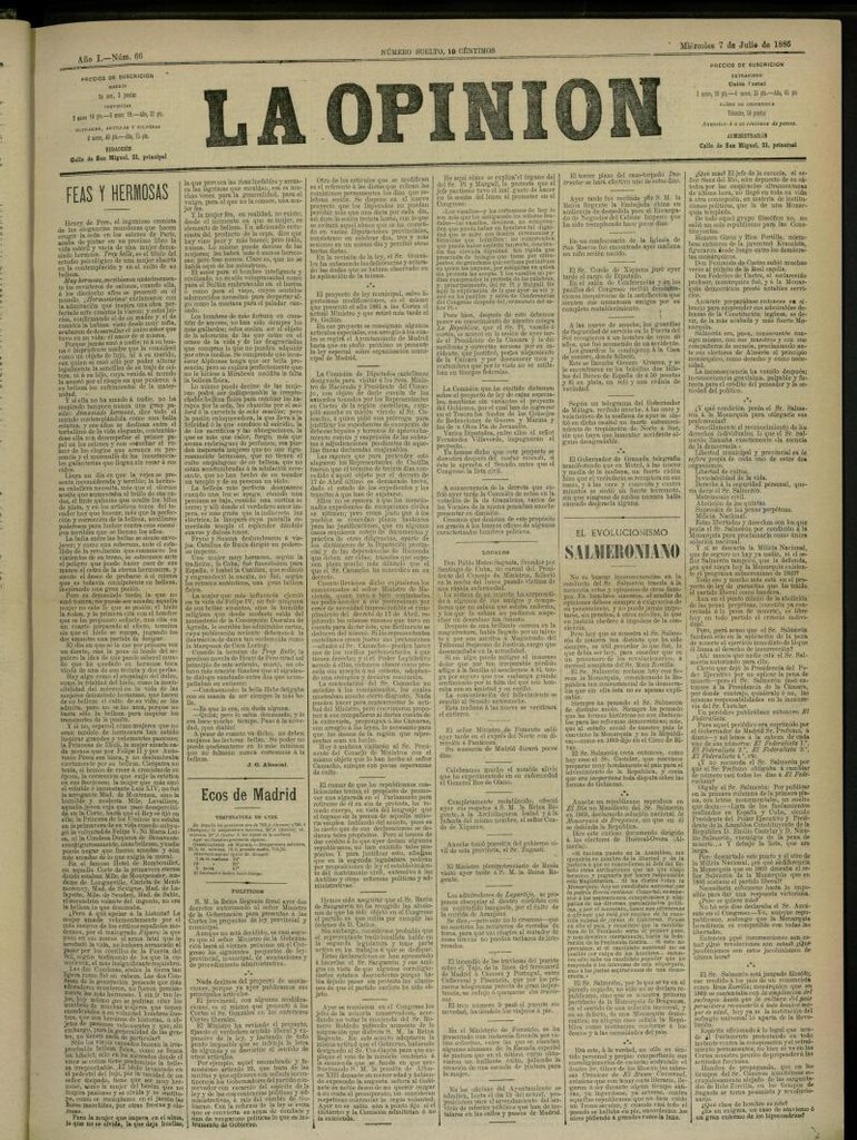 Miniatura de La Opinión del 7 de Julio de 1886, nº 66