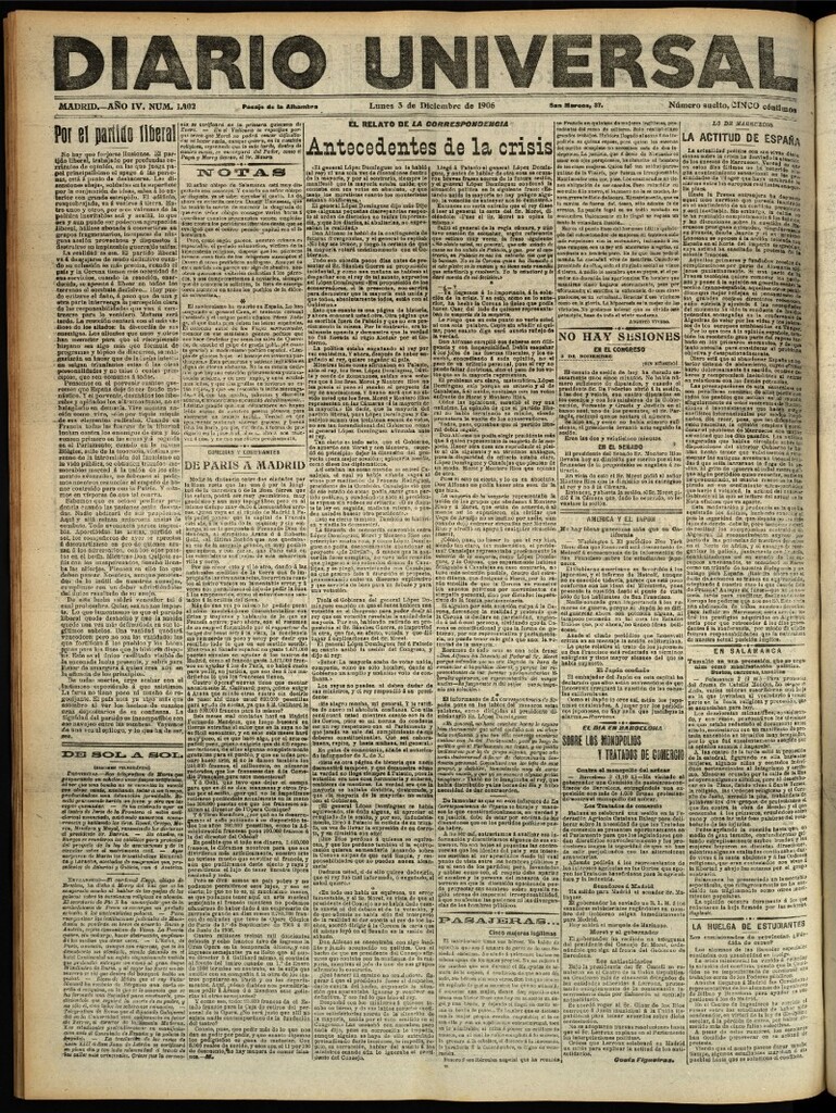 Miniatura de Diario Universal del 3 de diciembre de 1906, edición de tarde