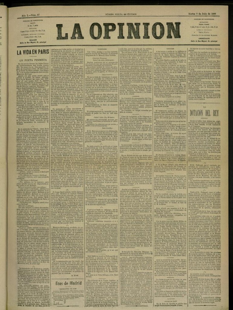 Miniatura de La Opinión del 8 de Julio de 1886, nº 67