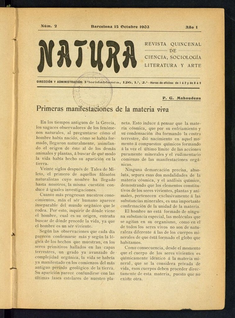 Miniatura de Natura : revista quincenal de ciencia, sociología, literatura y arte del 15 de octubre de 1903