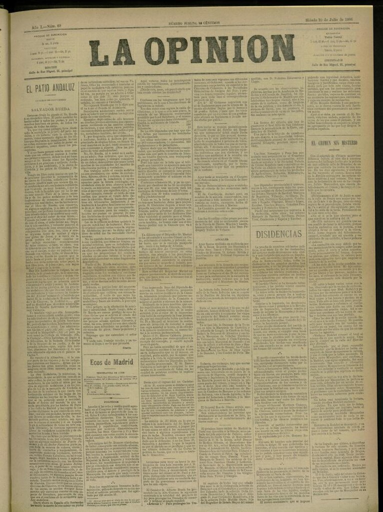 Miniatura de La Opinión del 10 de Julio de 1886, nº 69