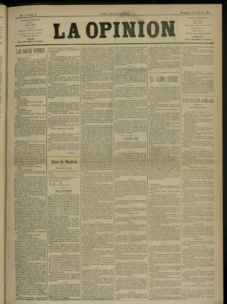 Miniatura de La Opinión del 11 de Julio de 1886, nº 70