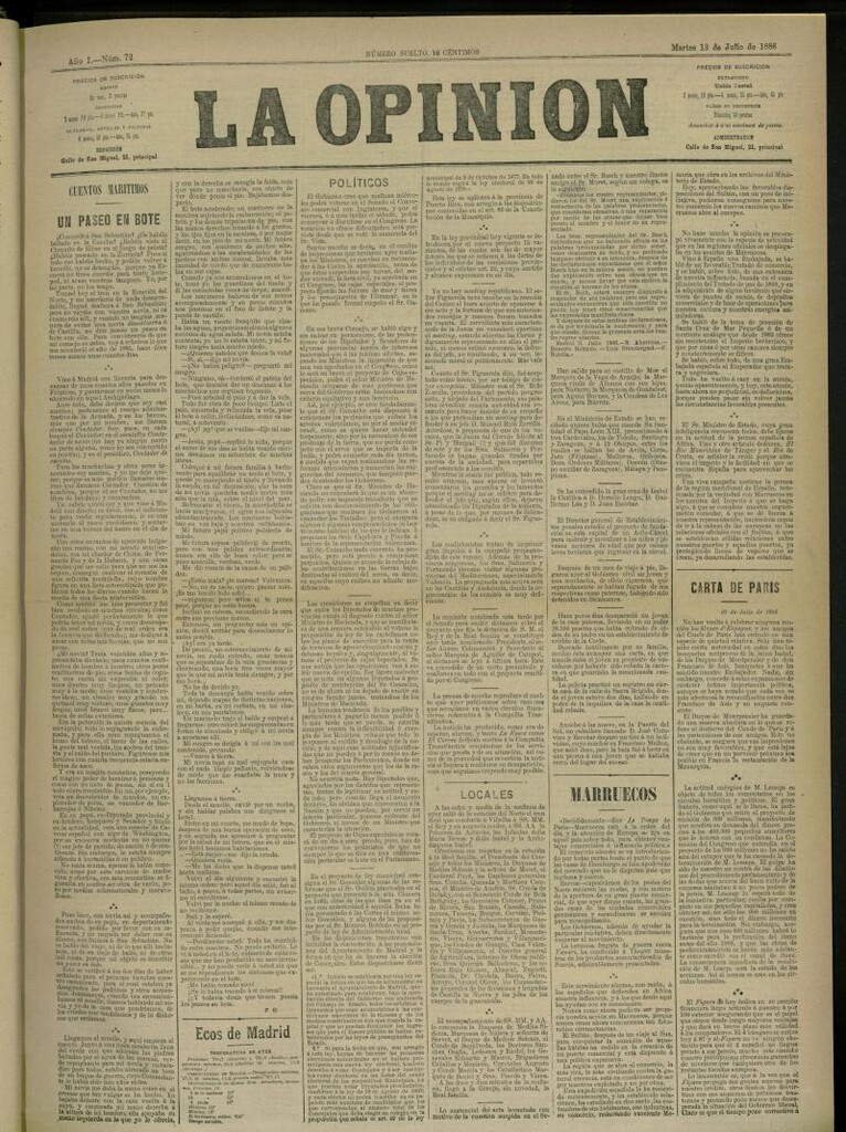 Miniatura de La Opinión del 13 de Julio de 1886, nº 72