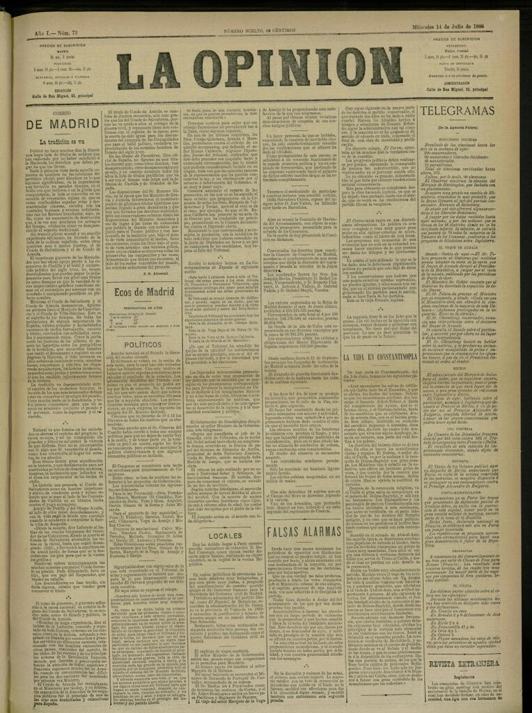 Miniatura de La Opinión del 14 de Julio de 1886, nº 73