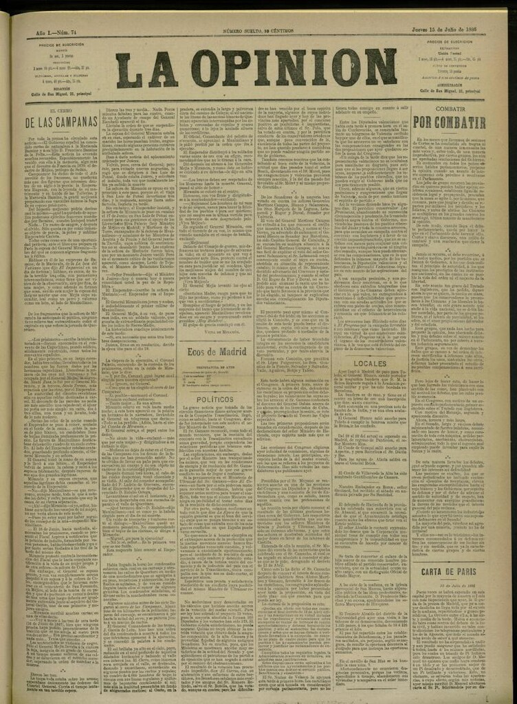Miniatura de La Opinión del 15 de Julio de 1886, nº 74