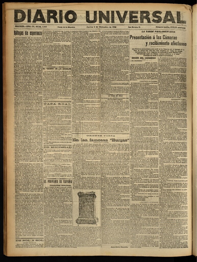 Miniatura de Diario Universal del 6 de diciembre de 1906, edición de noche
