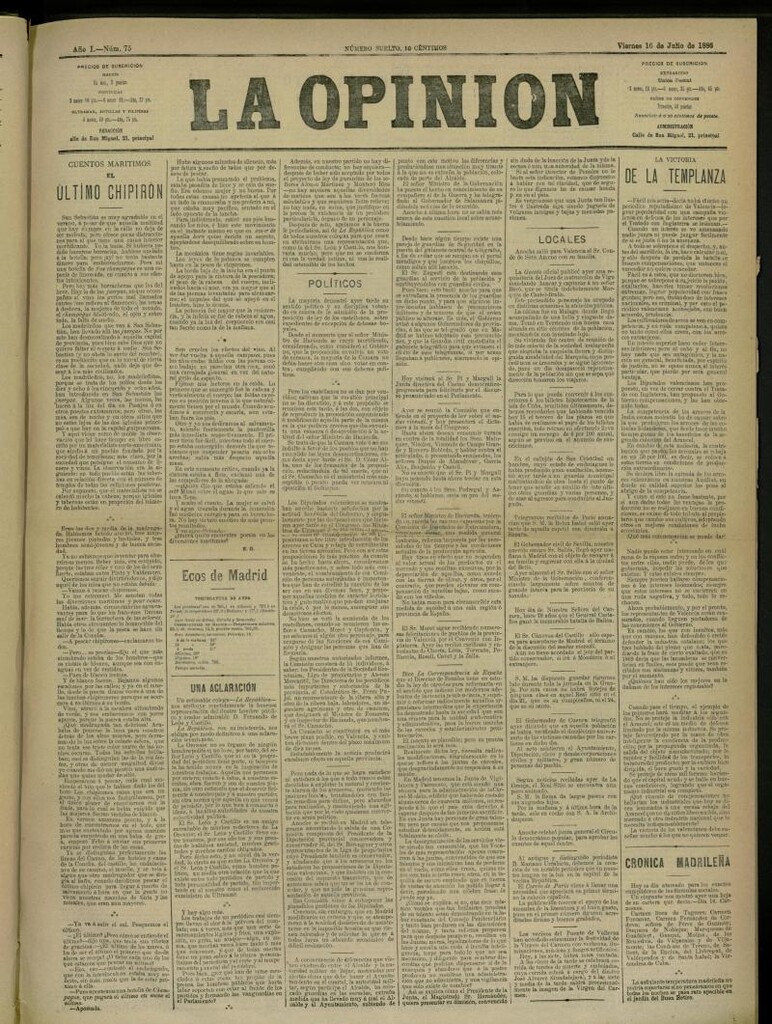 Miniatura de La Opinión del 16 de Julio de 1886, nº 75