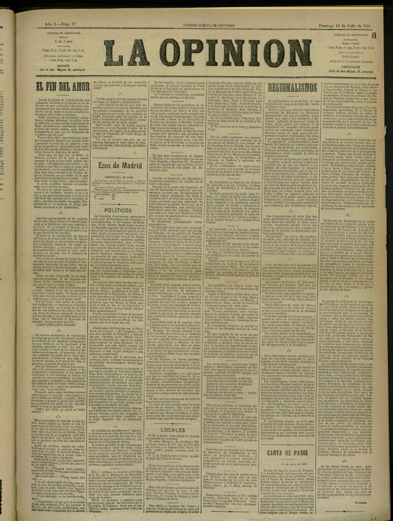 Miniatura de La Opinión del 18 de Julio de 1886, nº 77