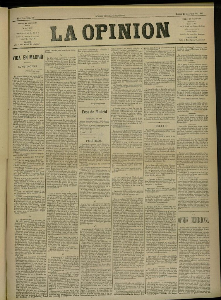 Miniatura de La Opinión del 19 de Julio de 1886, nº 78