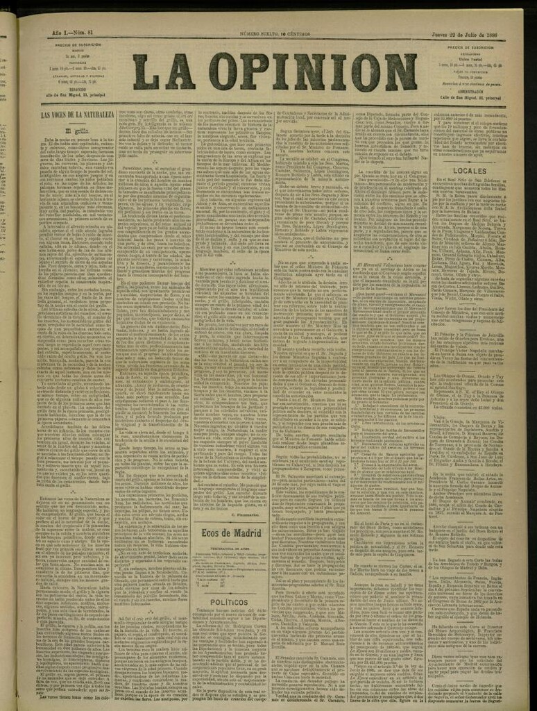 Miniatura de La Opinión del 22 de Julio de 1886, nº 81