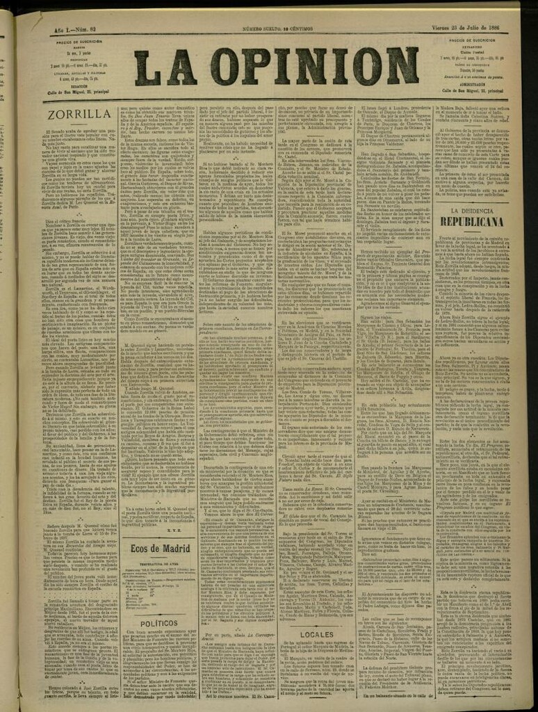 Miniatura de La Opinión del 23 de Julio de 1886, nº 82