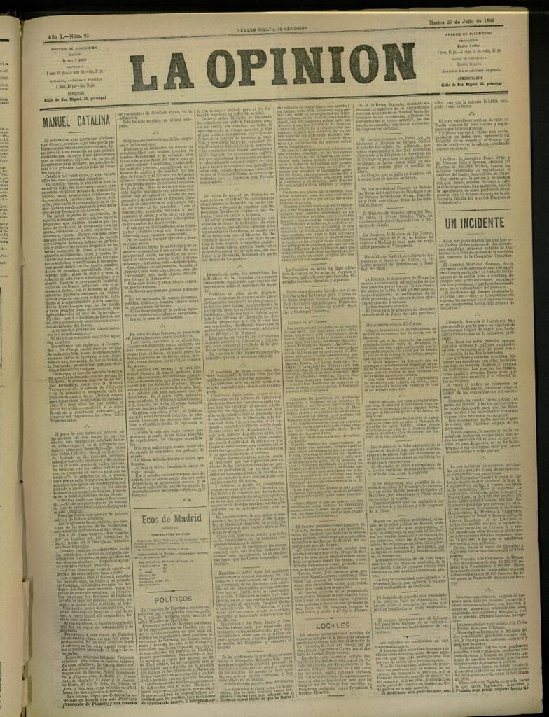 Miniatura de La Opinión del 27 de Julio de 1886, nº 85