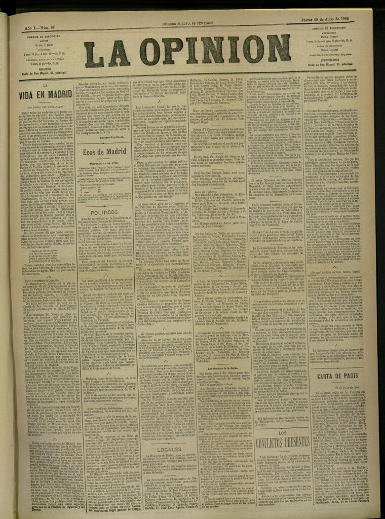 Miniatura de La Opinión del 29 de Julio de 1886, nº 87