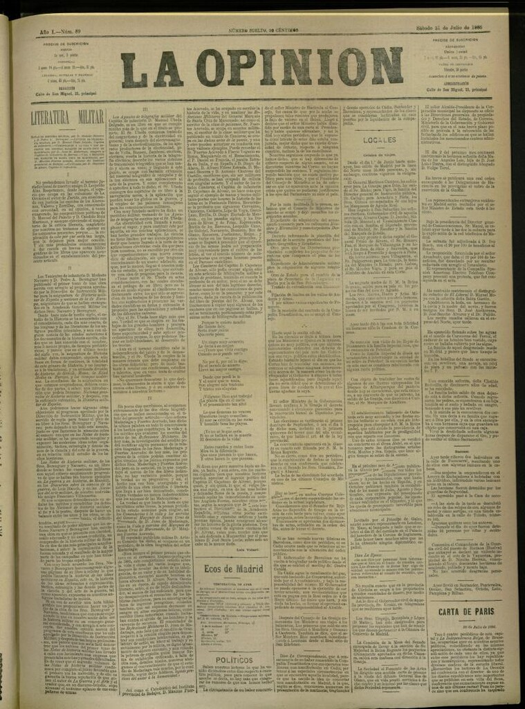Miniatura de La Opinión del 31 de Julio de 1886, nº 89