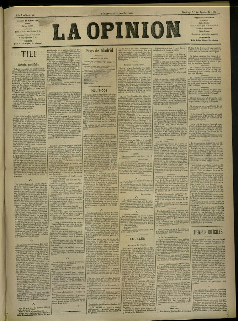 Miniatura de La Opinión del 1 de agosto de 1886, nº 90