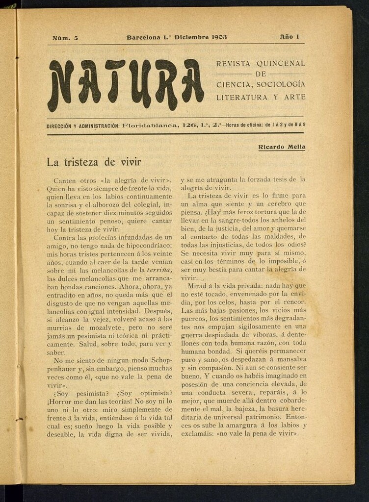 Miniatura de Natura : revista quincenal de ciencia, sociología, literatura y arte del 1 de diciembre de 1903
