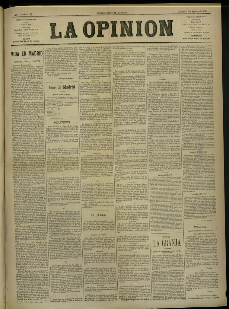 Miniatura de La Opinión del 3 de agosto de 1886, nº 92