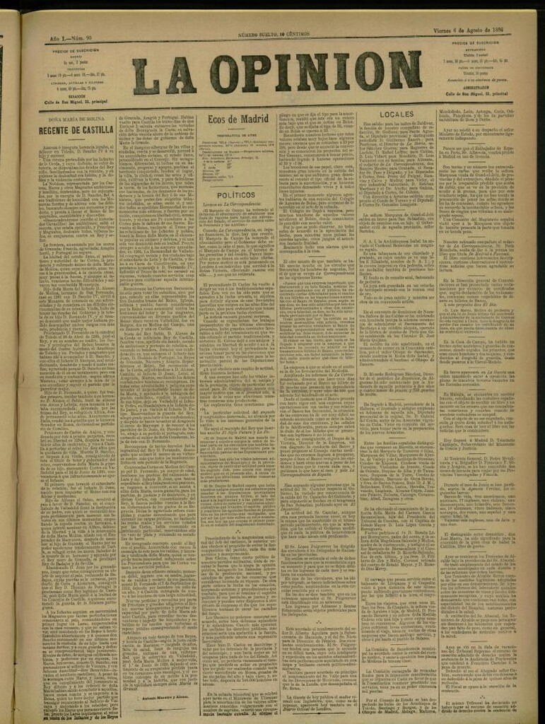 Miniatura de La Opinión del 6 de agosto de 1886, nº 95