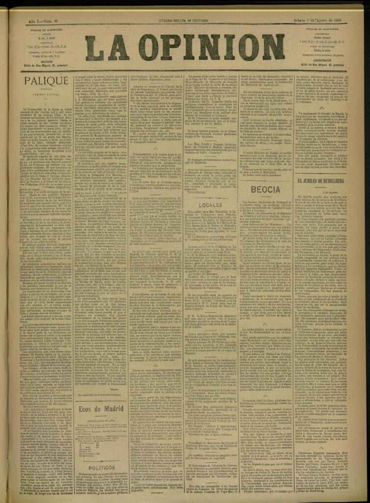 Miniatura de La Opinión del 7 de agosto de 1886, nº 96