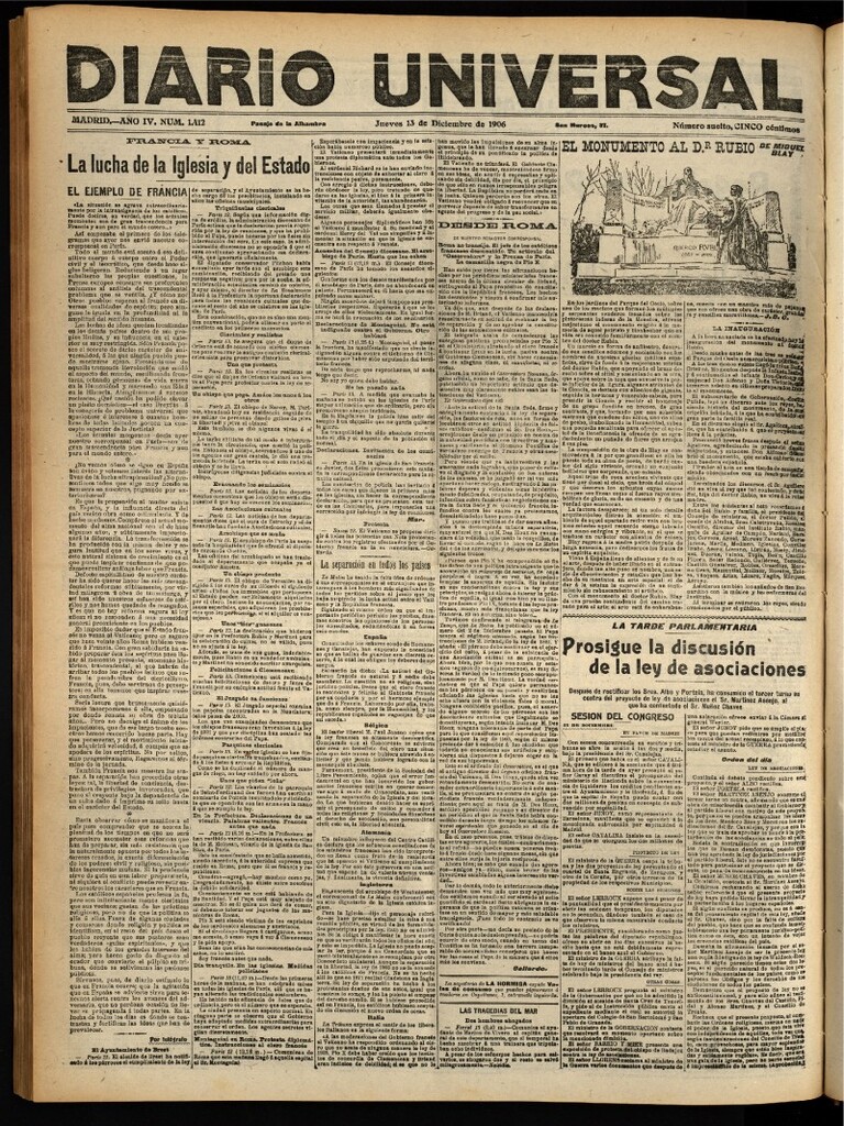 Miniatura de Diario Universal del 13 de diciembre de 1906, edición de noche