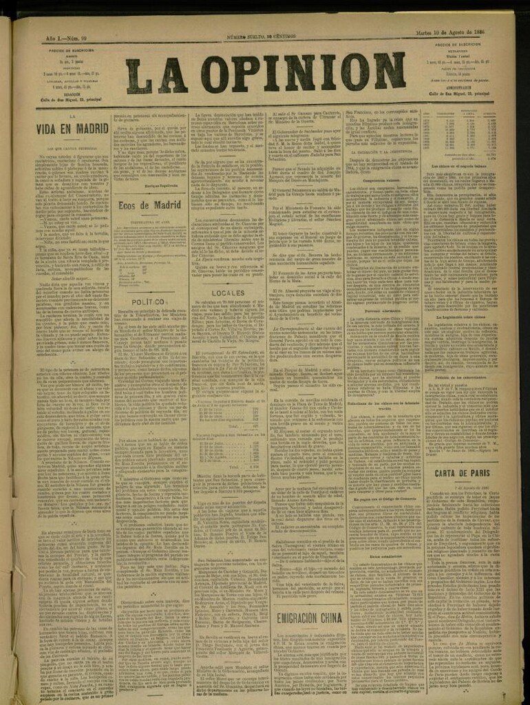 Miniatura de La Opinión del 10 de agosto de 1886, nº 99