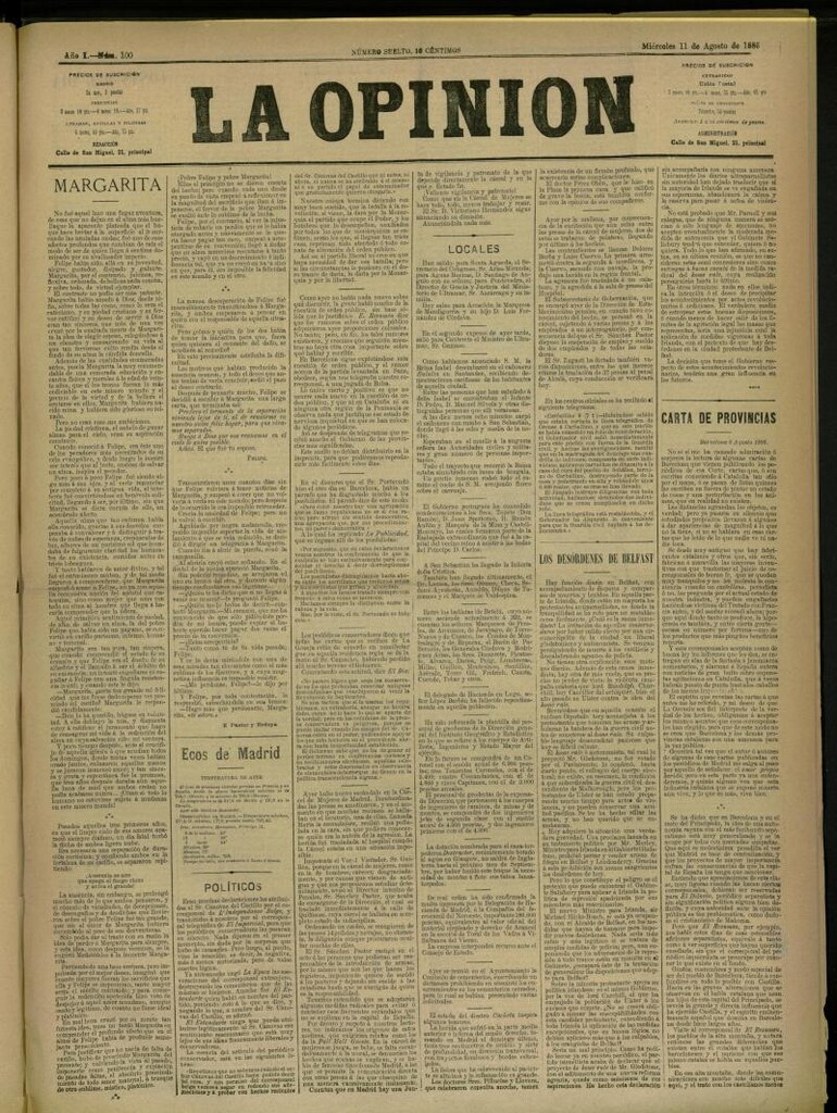 Miniatura de La Opinión del 11 de agosto de 1886, nº 100