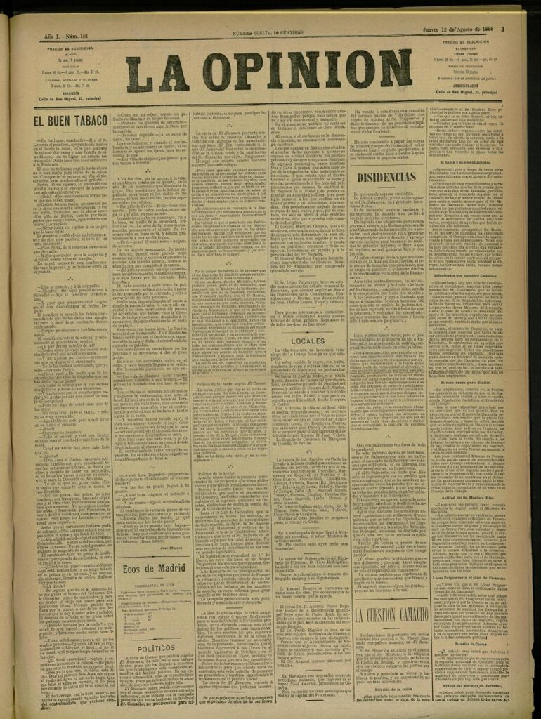 Miniatura de La Opinión del 12 de agosto de 1886, nº 101