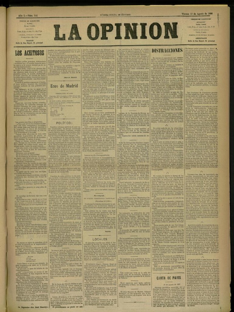 Miniatura de La Opinión del 13 de agosto de 1886, nº 102