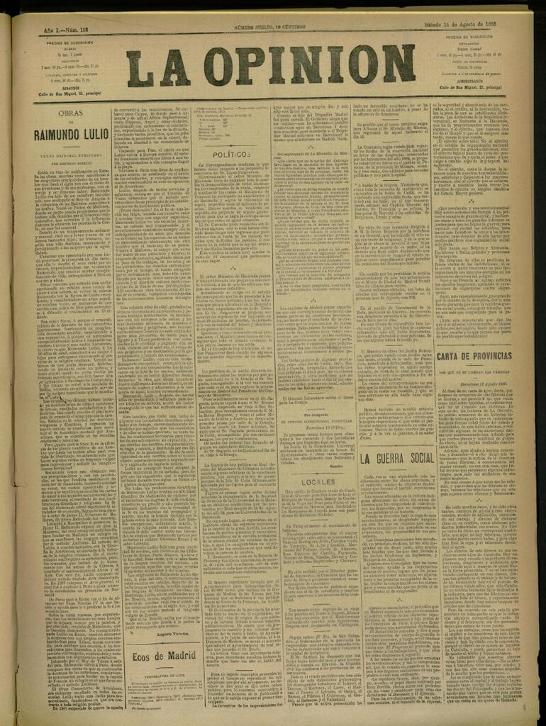Miniatura de La Opinión del 14 de agosto de 1886, nº 103