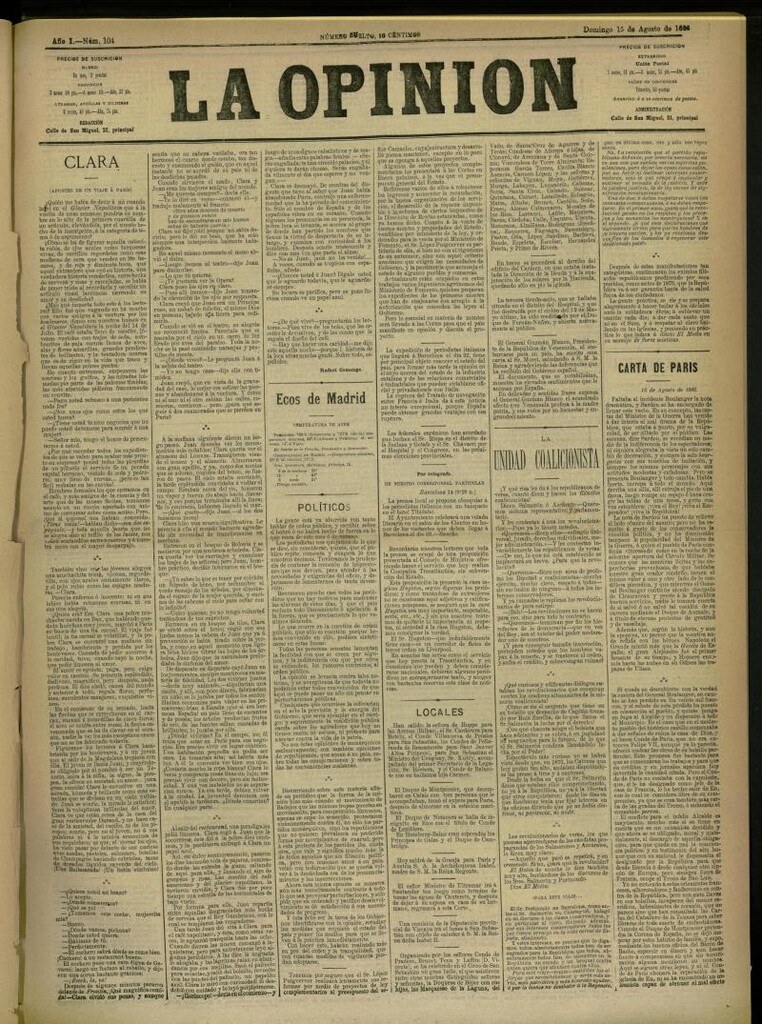 Miniatura de La Opinión del 15 de agosto de 1886, nº 104
