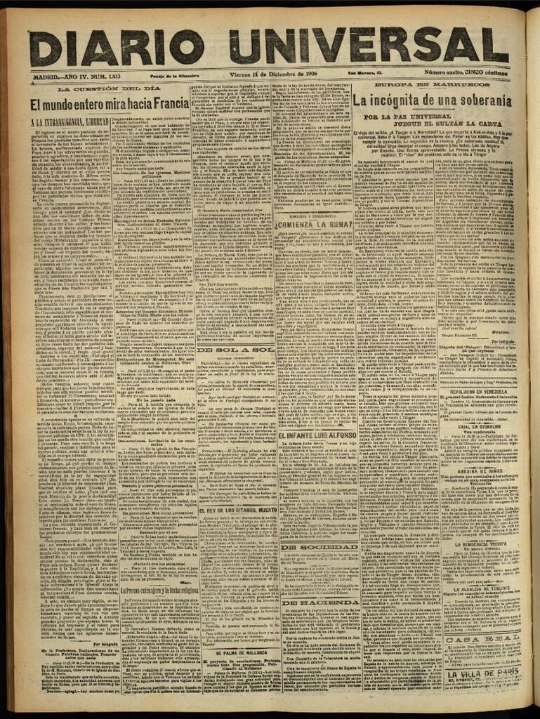 Miniatura de Diario Universal del 14 de diciembre de 1906, edición de tarde